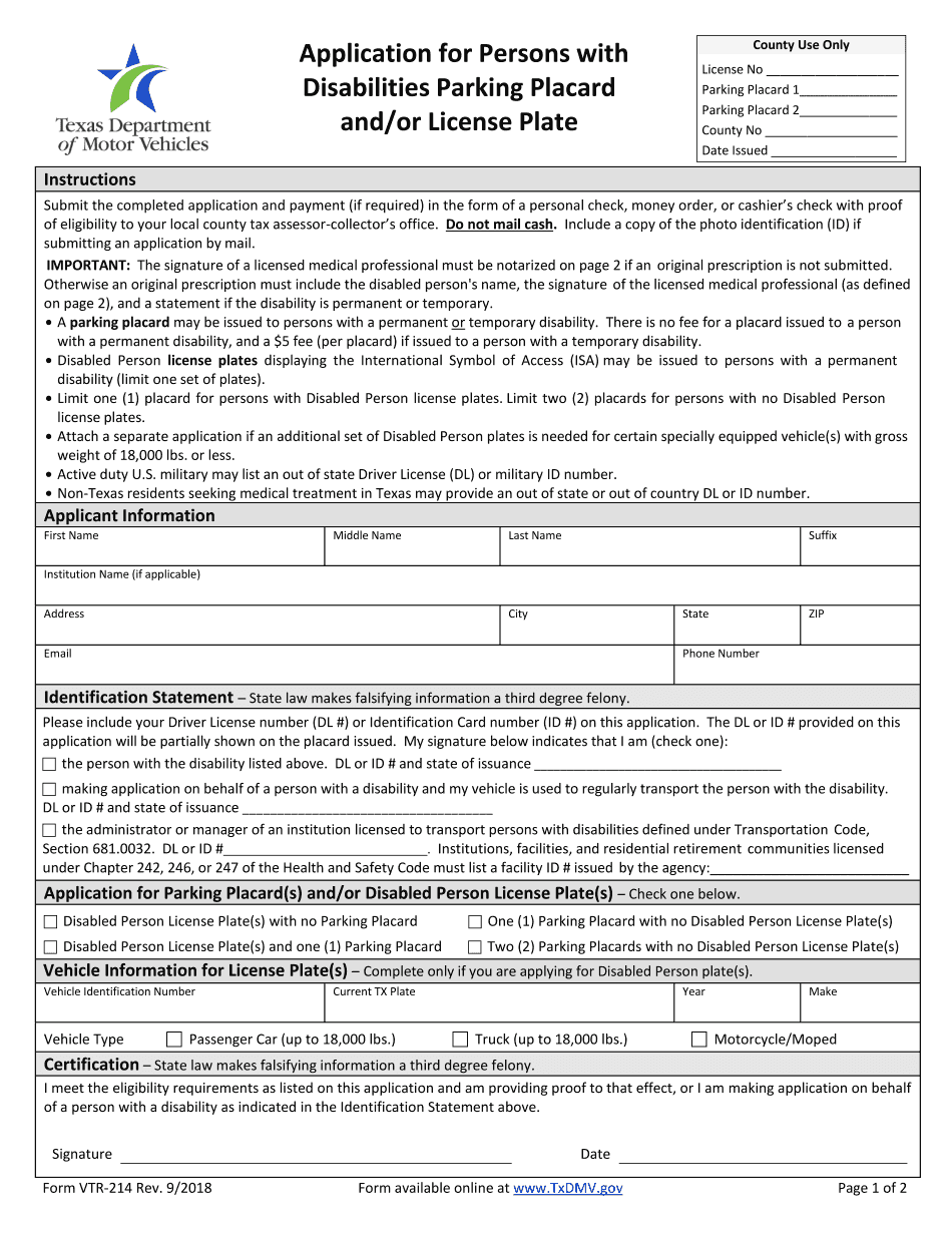 Handicap Placard Application Texas 2018